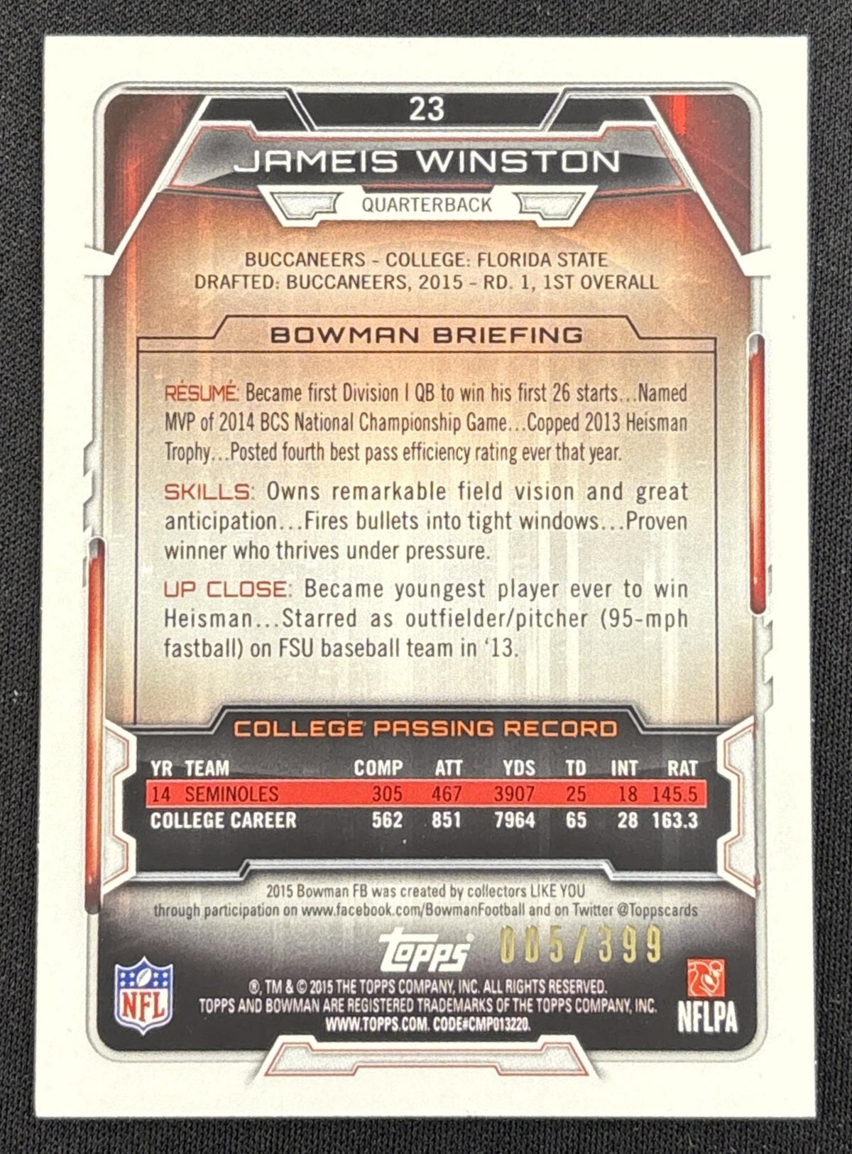 Jameis Winston 2015 Bowman Rookies Rainbow Gold /399 Buccaneers