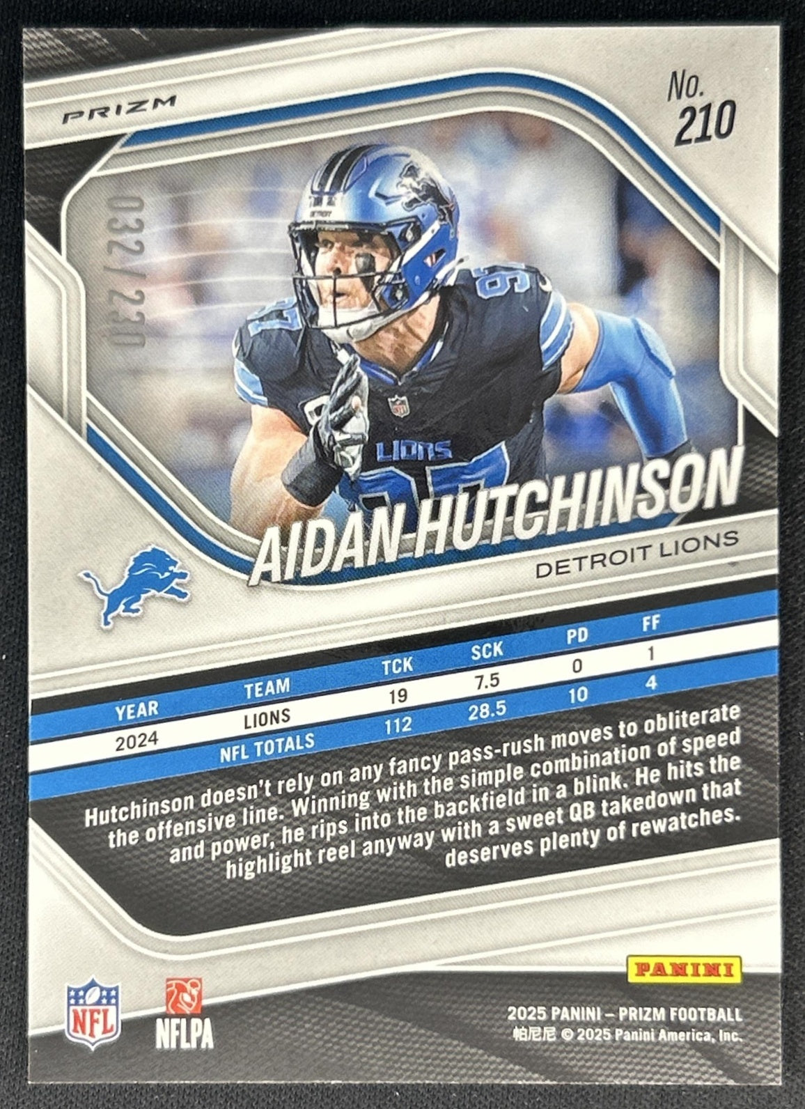Aidan Hutchinson 2025 Panini Prizm Blue Wave /230 Lions Back