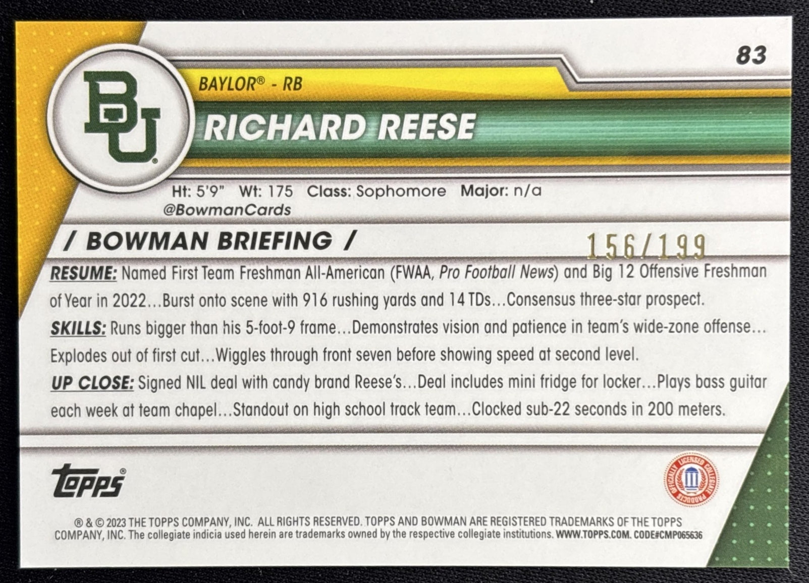 Richard Reese 2023 Bowman University Chrome Blue Refractor /199 back