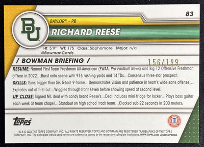 Richard Reese 2023 Bowman University Chrome Blue Refractor /199 back