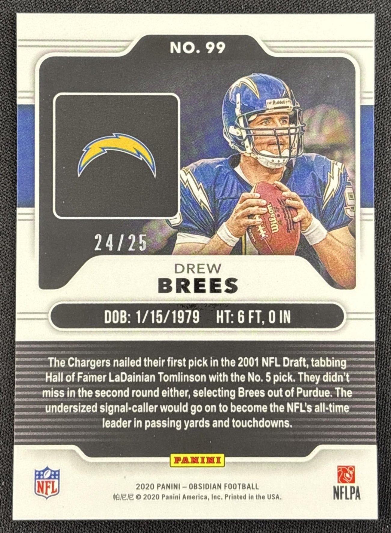Drew Brees 2020 Panini Obsidian Electric Etch Yellow /25 Chargers - back