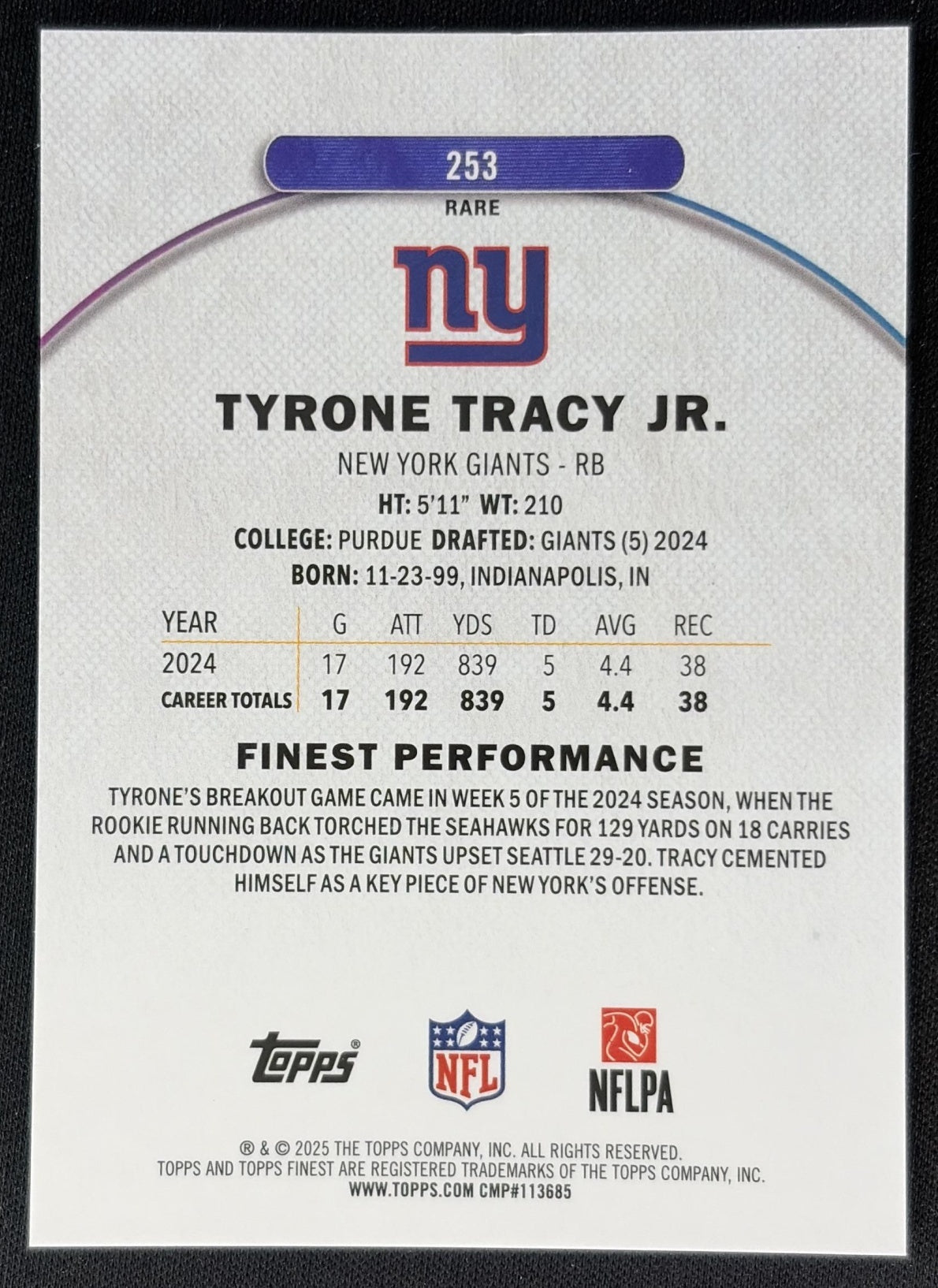 Tyrone Tracy Jr. 2025 Topps Finest Rare Sky Blue Refractor /150 Giants Sports Trading Cards