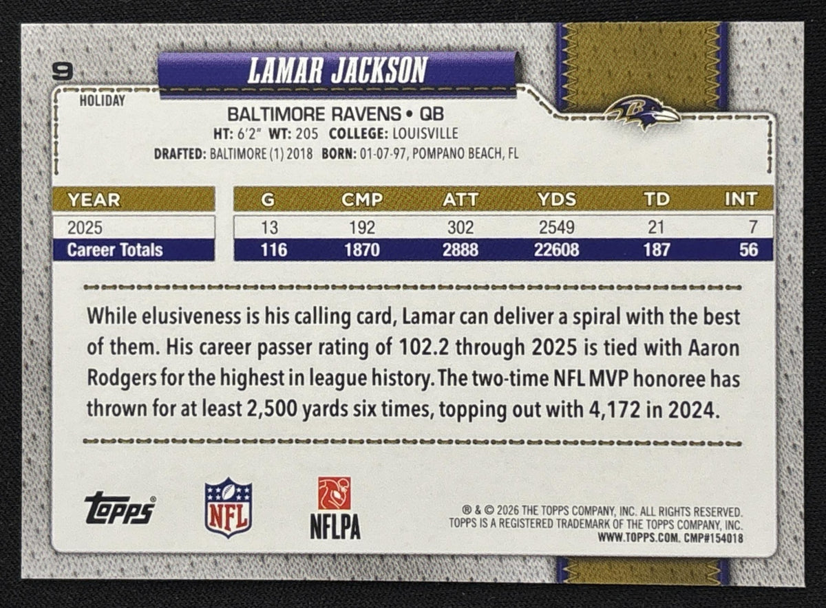 Lamar Jackson 2026 Topps Holiday Light Blue and White Glitter Ravens - Back