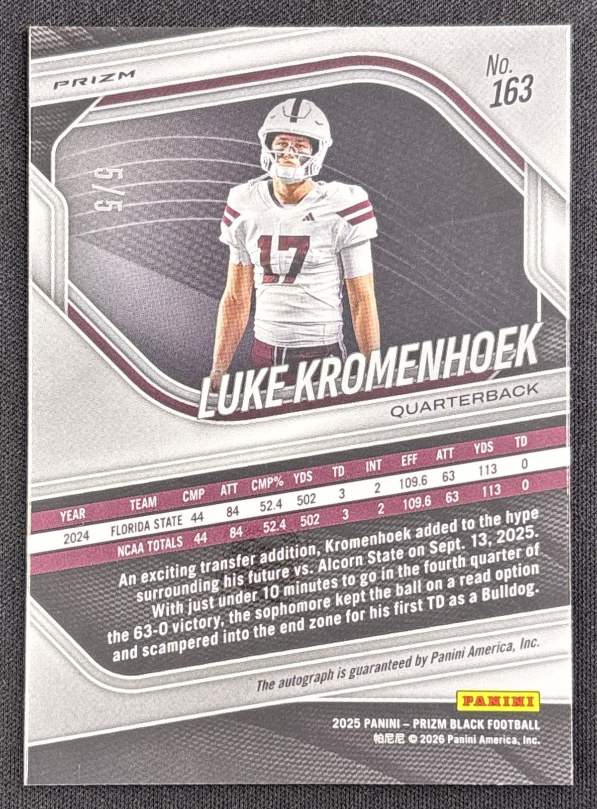 Luke Kromenhoek 2025 Panini Prizm Black Prospects Auto Gold Vinyl FOTL /5 Bulldogs