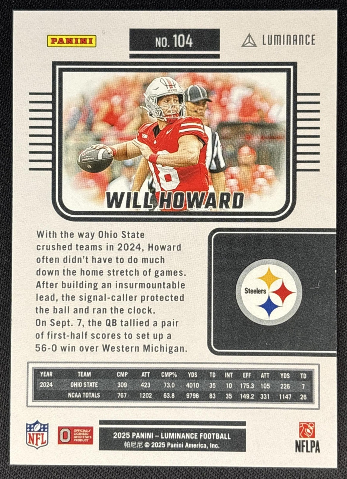 Will Howard 2025 Panini Luminance Gold /299 Steelers Sports Trading Cards