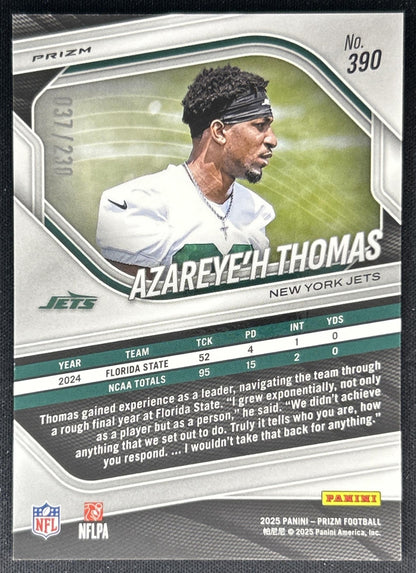 Azareye'h Thomas 2025 Panini Prizm Blue Wave /230 Jets Back