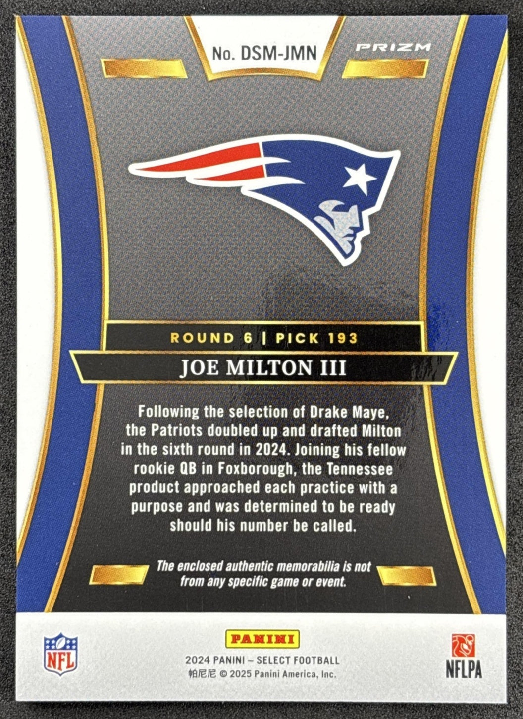 Joe Milton III 2024 Select Draft Selections Memorabilia Red Prizm Patriots back