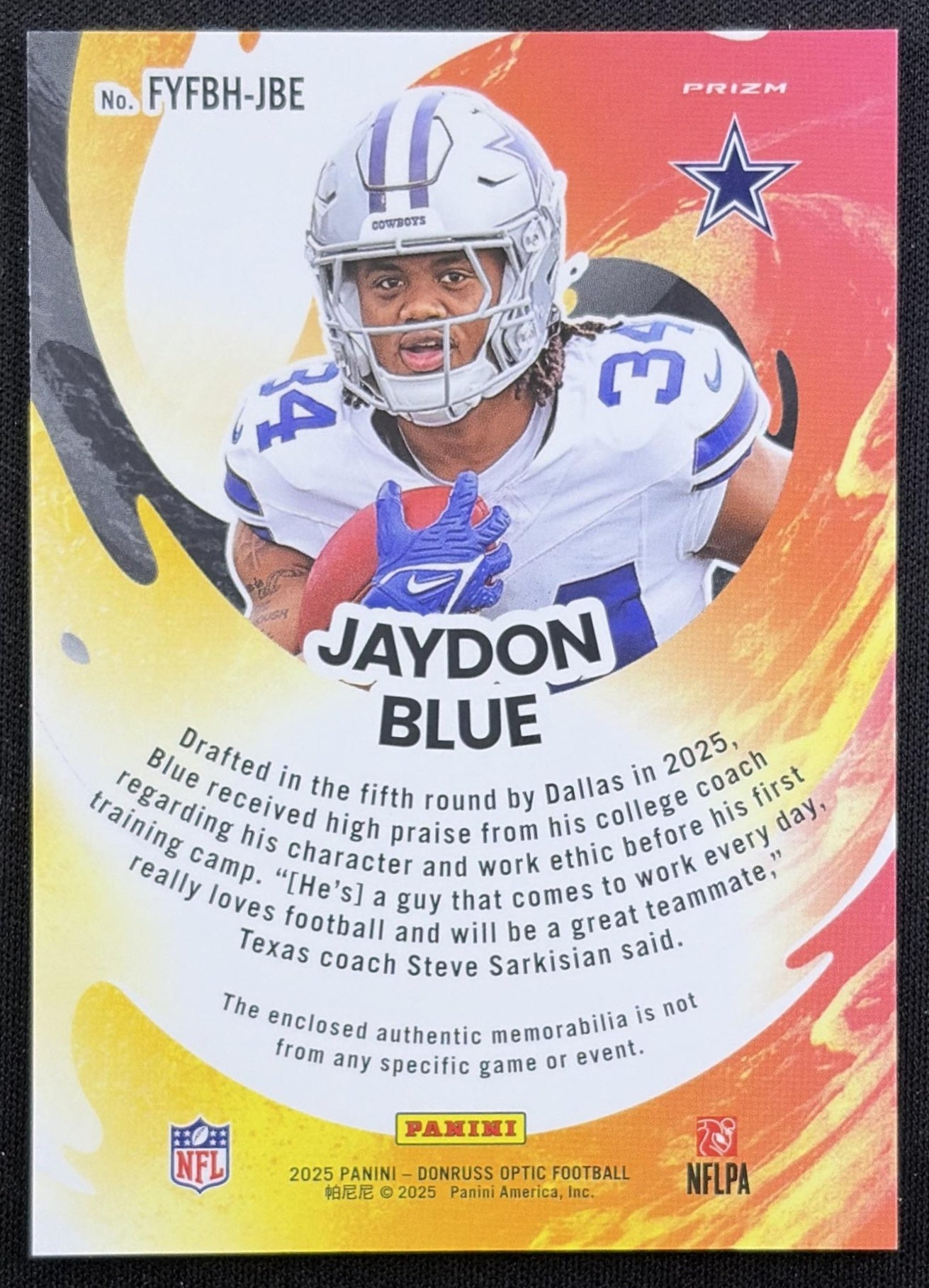 Jaydon Blue 2025 Panini Donruss Optic First Year Fresh Hyper Prizm Cowboys