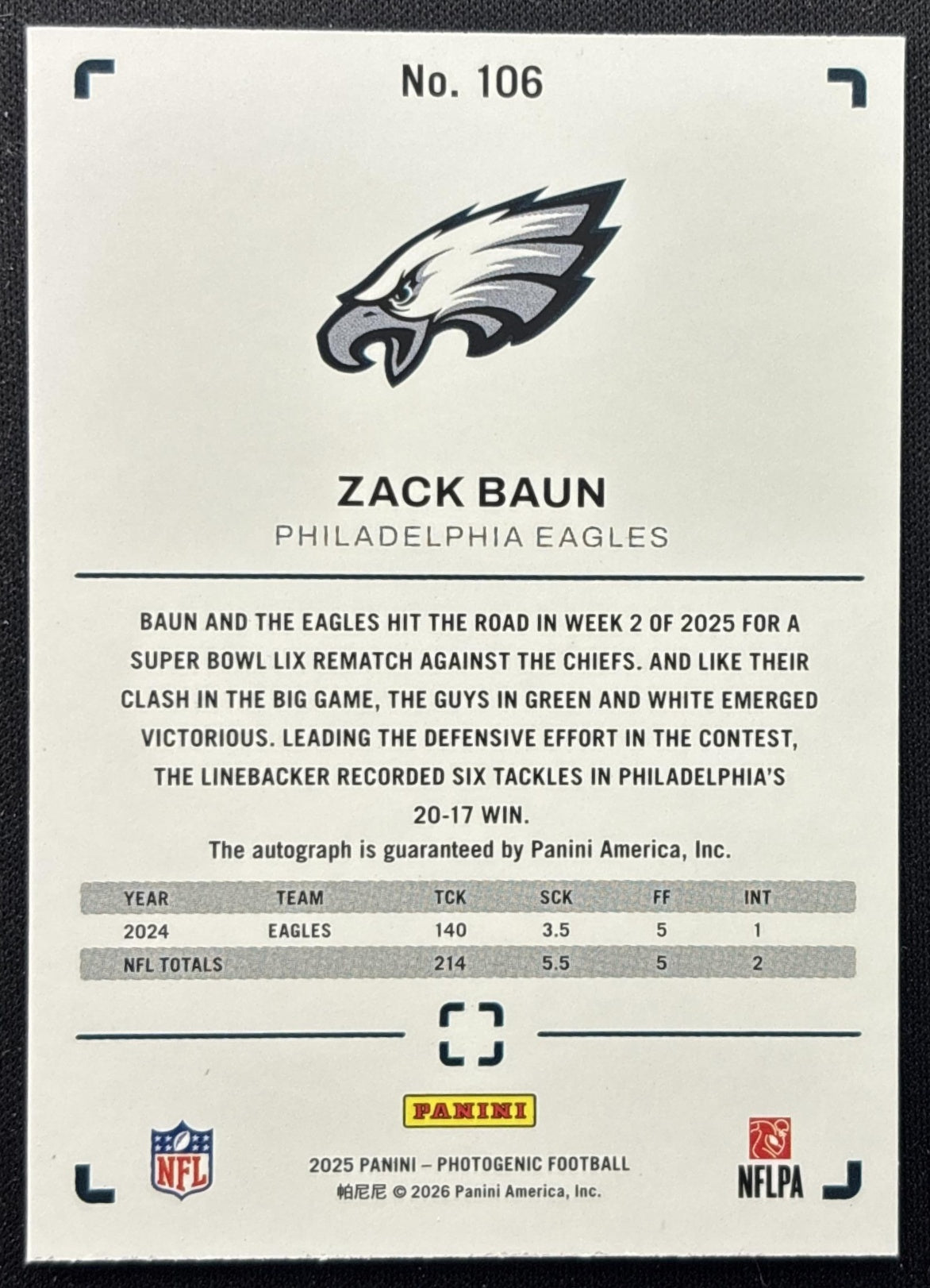 Zack Baun 2025 Panini PhotoGenic Auto Horizontal Eagles