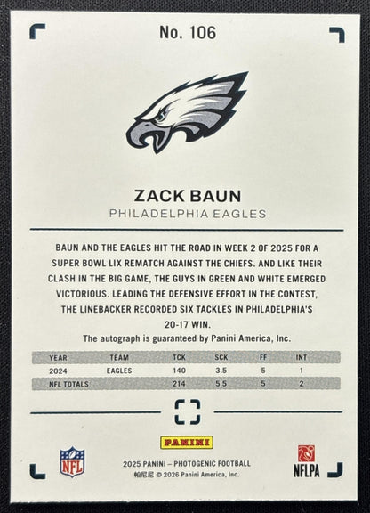 Zack Baun 2025 Panini PhotoGenic Auto Horizontal Eagles