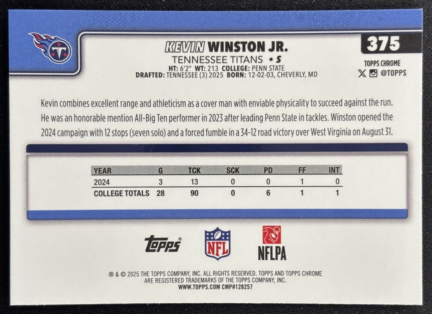 Kevin Winston Jr. 2025 Topps Chrome Rookie Titans