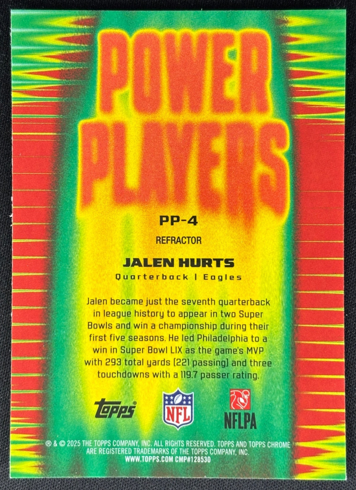 Jalen Hurts 2025 Topps Chrome Power Players Refractor Eagles Sports Trading Cards