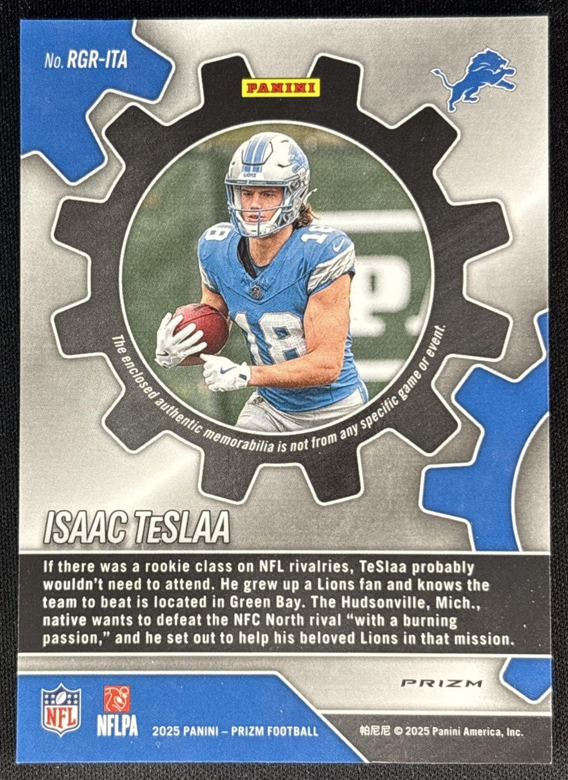 Isaac TeSlaa 2025 Panini Prizm Rookie Gear Neon Green Pulsar Lions back