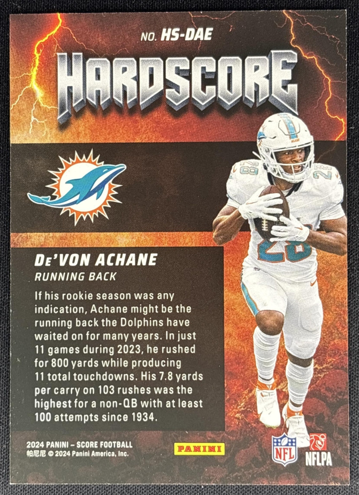 De'Von Achane 2024 Panini Score Hardscore Sports Trading Cards