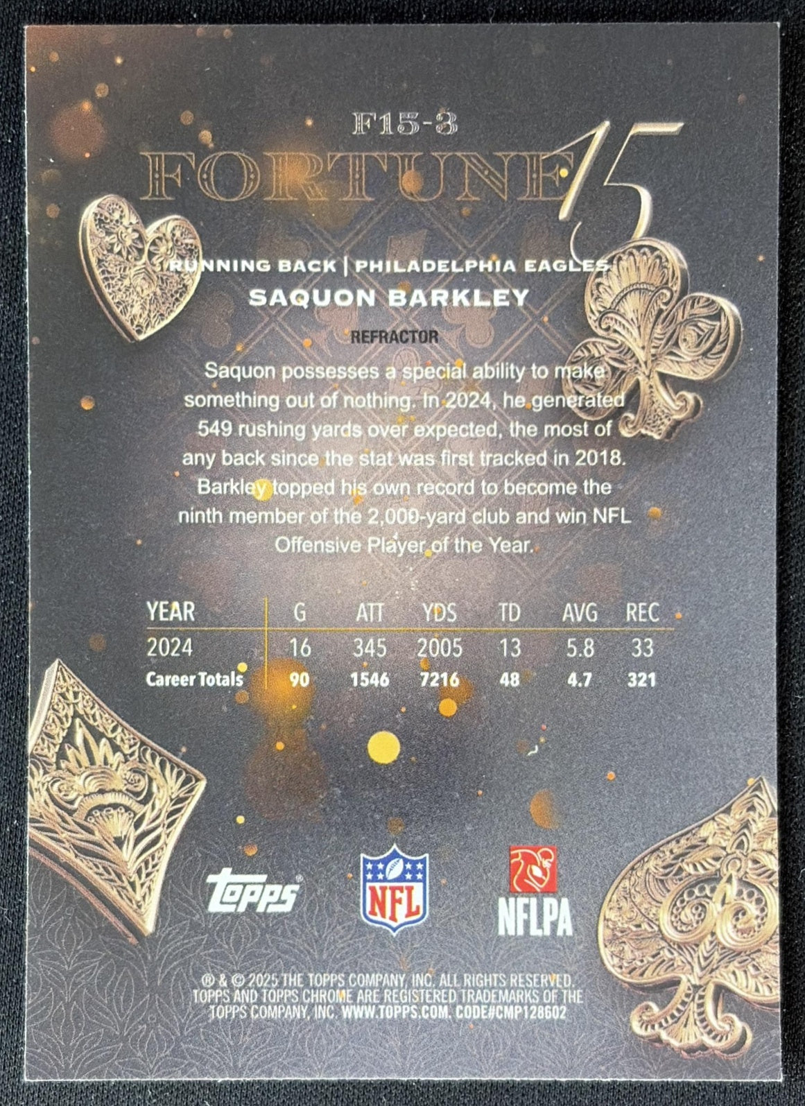 Saquon Barkley 2025 Topps Chrome Fortune 15 Refractor Eagles back