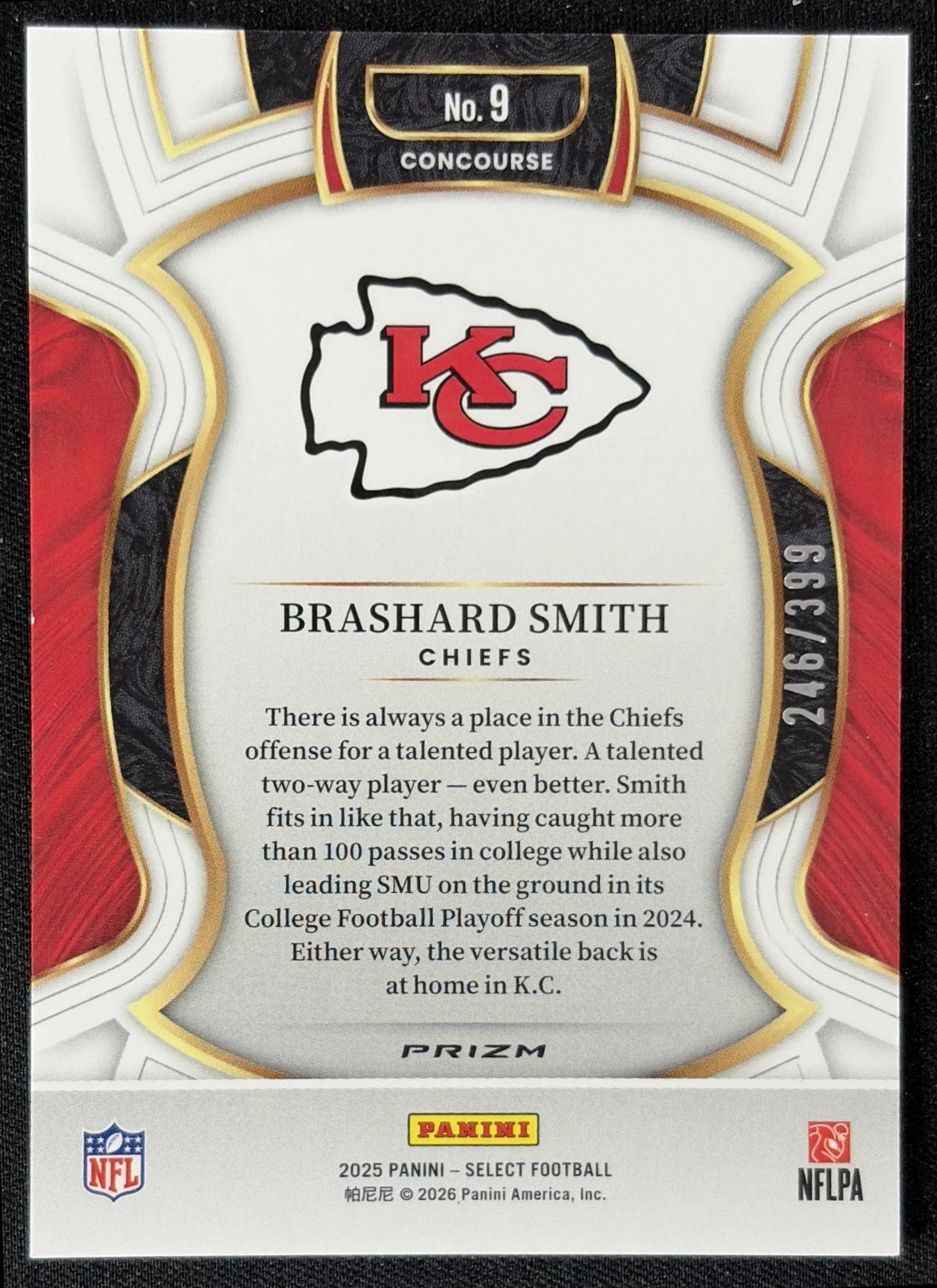 Brashard Smith 2025 Panini Select Concourse Tri-Color Prizm /399 Chiefs back