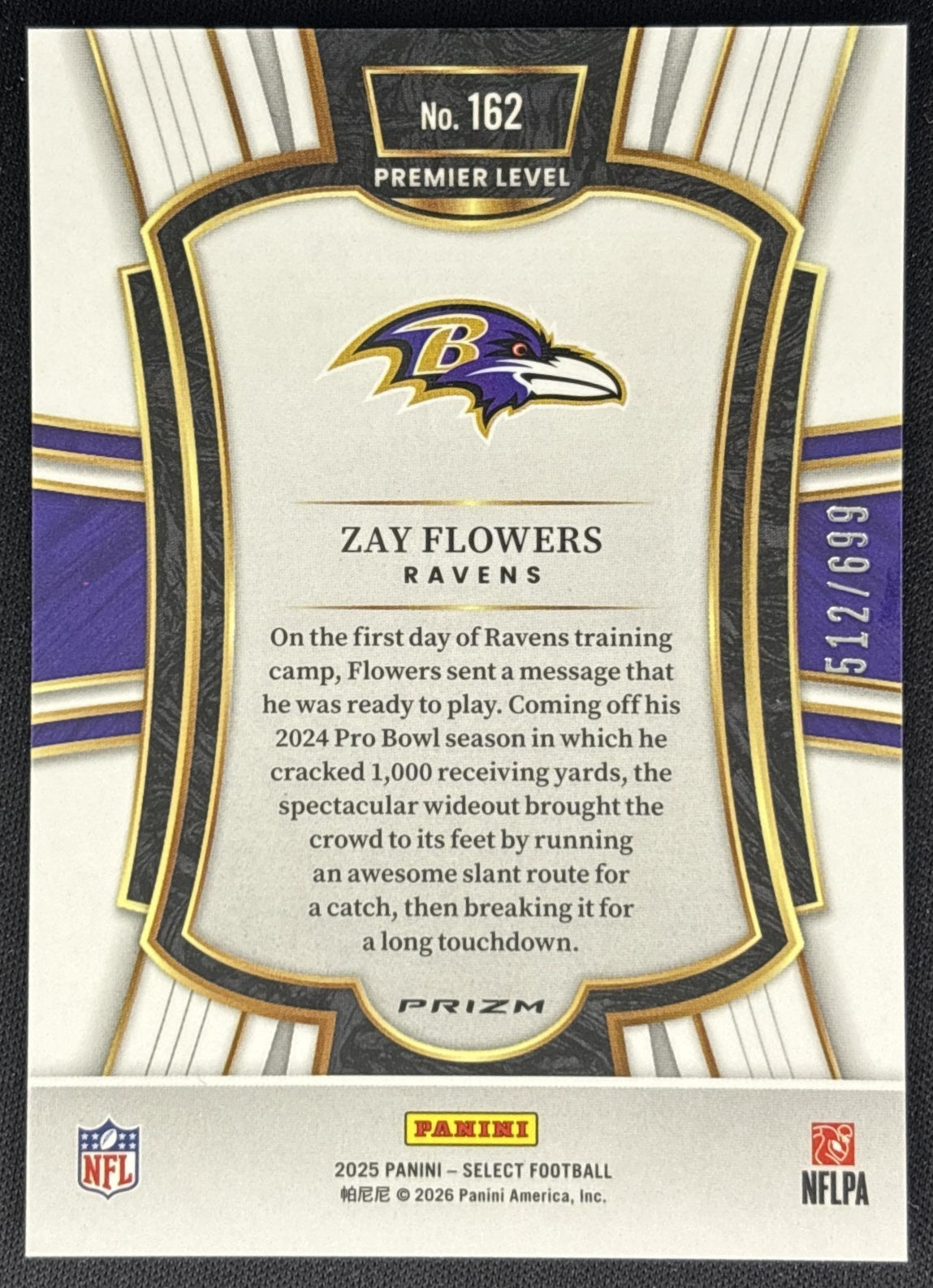 Zay Flowers 2025 Panini Select Premier Level Purple Prizm Shock /699 Ravens Sports Trading Cards