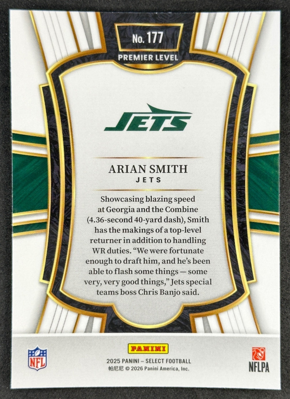 Arian Smith 2025 Select Premier Level Jets Sports Trading Cards