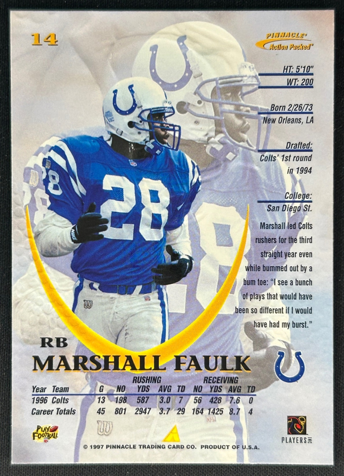 Marshall Faulk 1997 Pinnacle Action Packed Colts Sports Trading Cards