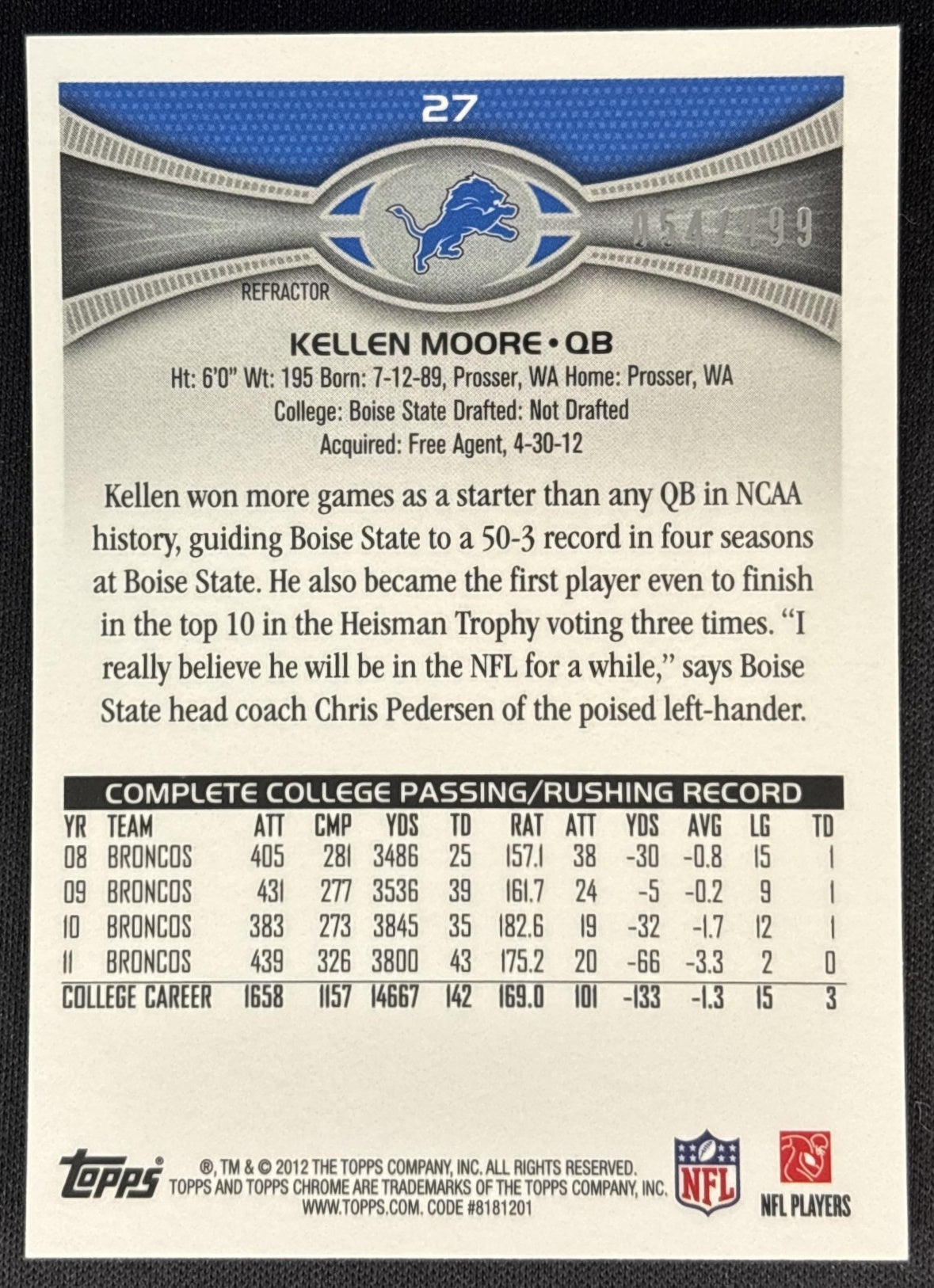 Kellen Moore 2012 Topps Chrome Blue Refractor /199 Lions