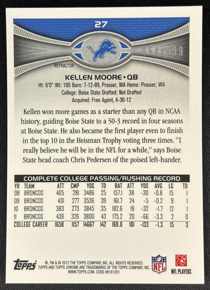 Kellen Moore 2012 Topps Chrome Blue Refractor /199 Lions