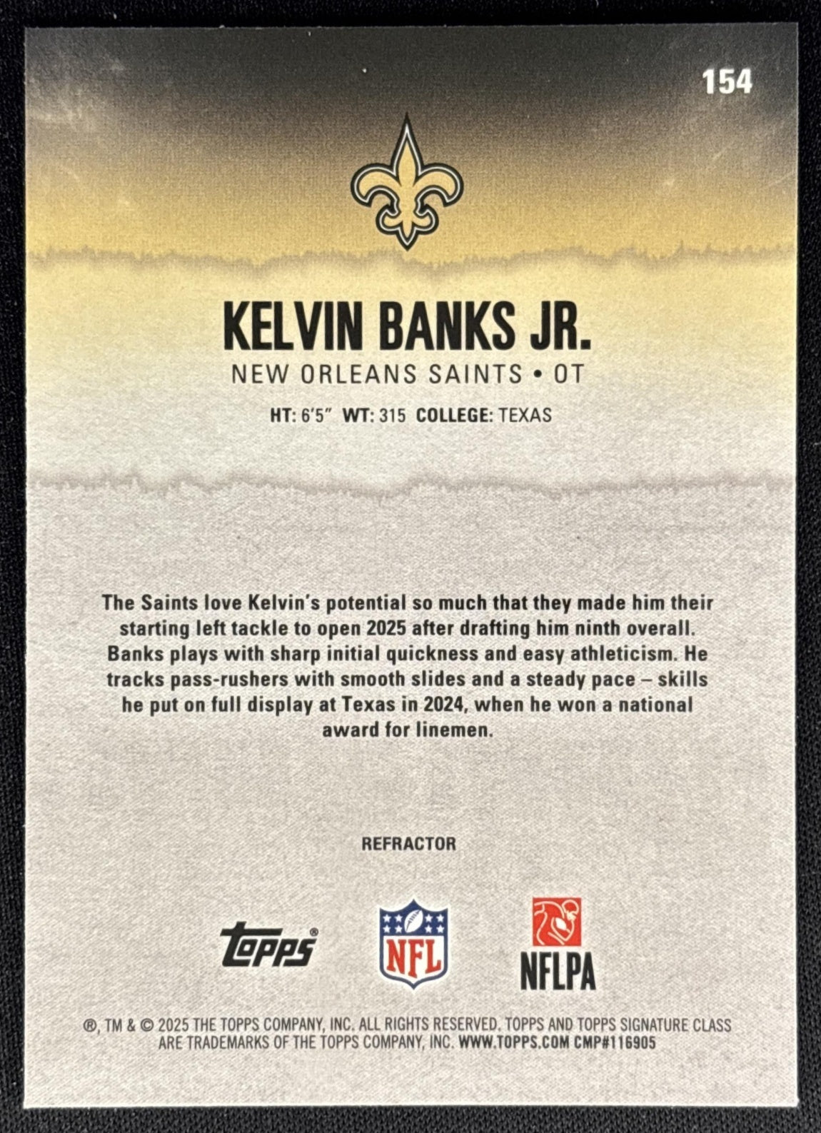 Kelvin Banks Jr. 2025 Topps Signature Class Chrome Rookie White Refractor Saints Sports Trading Cards