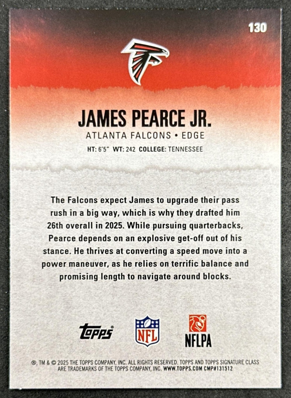 James Pearce Jr. 2025 Topps Signature Class Rookie Blue & Yellow Foil Falcons