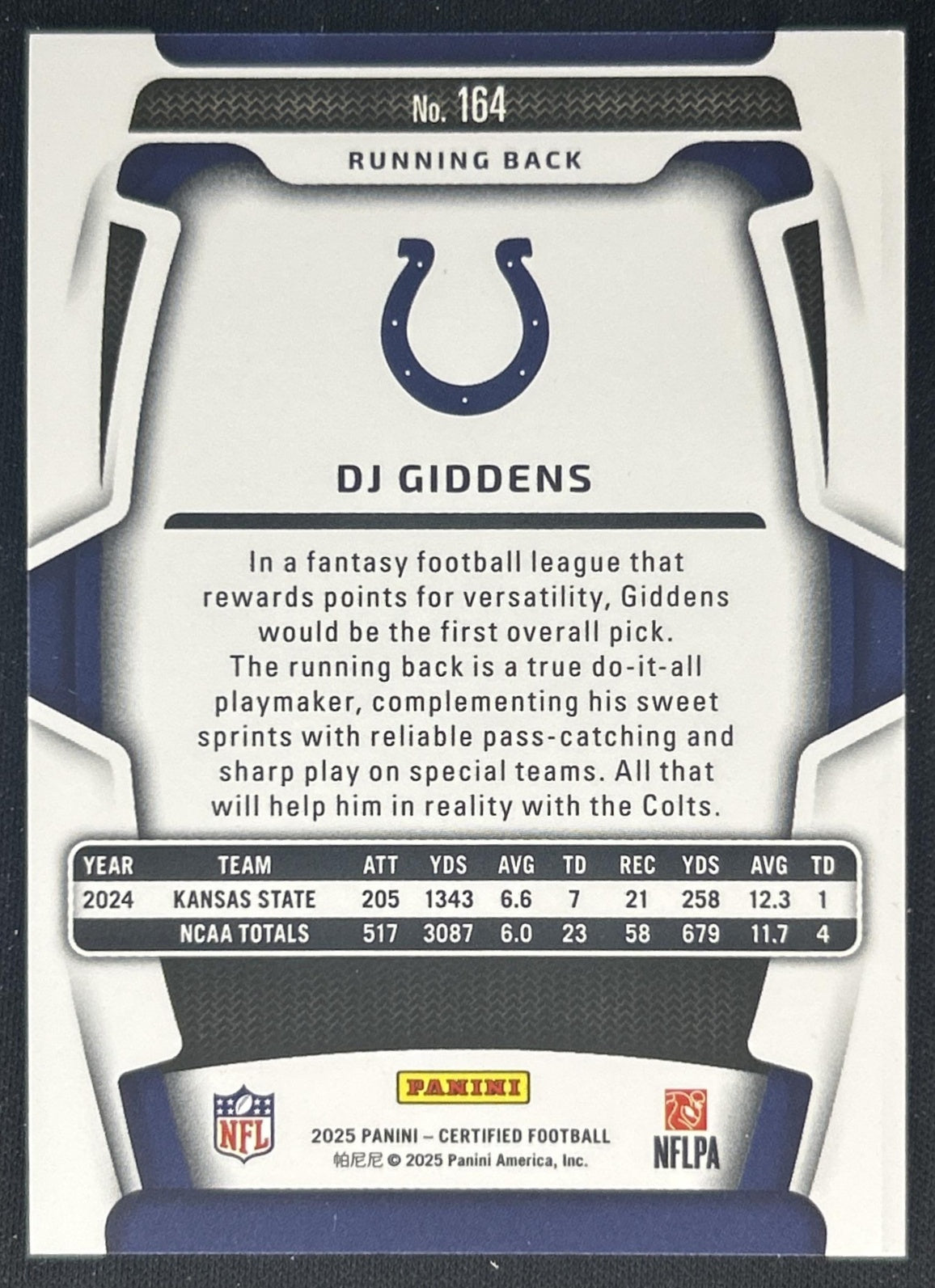 DJ Giddens 2025 Panini Certified Rookies Mirror Purple /299 Colts back