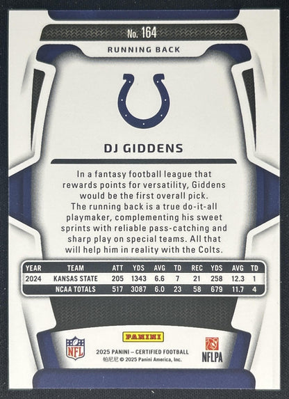 DJ Giddens 2025 Panini Certified Rookies Mirror Purple /299 Colts back
