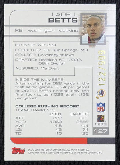 Ladell Betts 2002 Topps Reserve /999 Redskins back