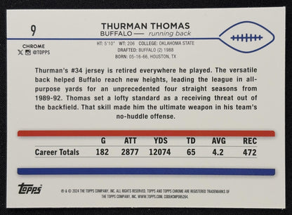 Thurman Thomas 2024 Topps Chrome Purple Speckle Refractor /275 Bills - Back
