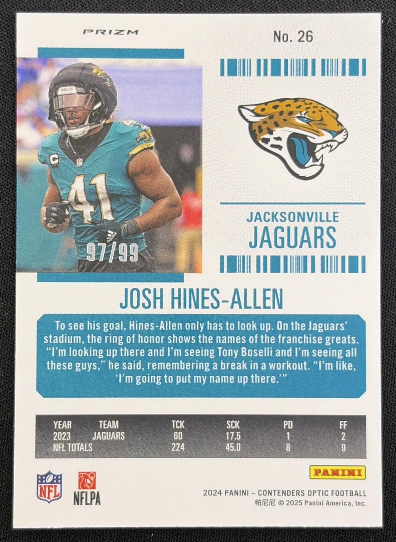 Josh Hines-Allen 2024 Panini Contenders Optic Season Ticket Blue Prizm /99 Jaguars