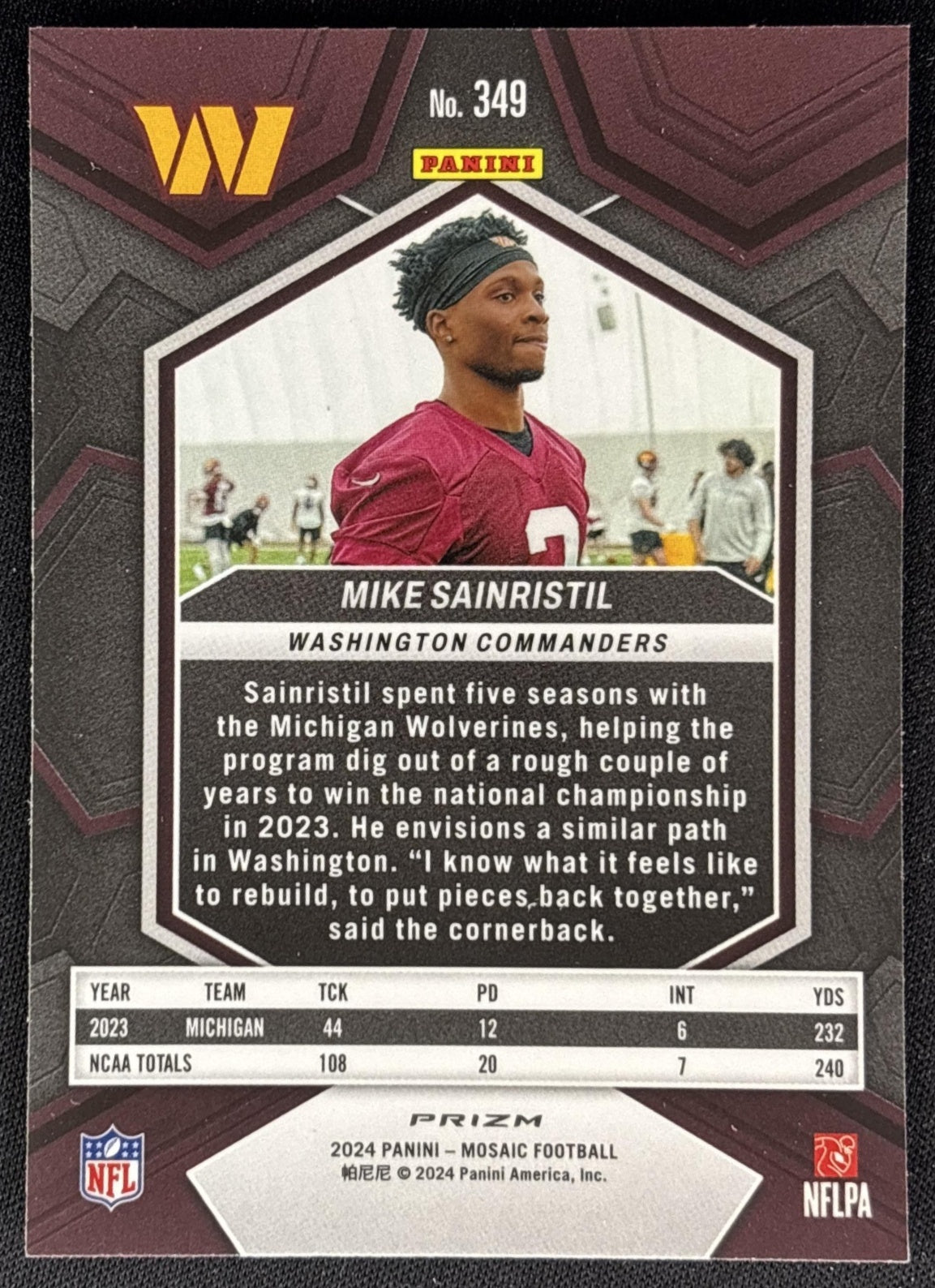 Mike Sainristil 2024 Panini Mosaic Green Prizm Commanders Sports Trading Card