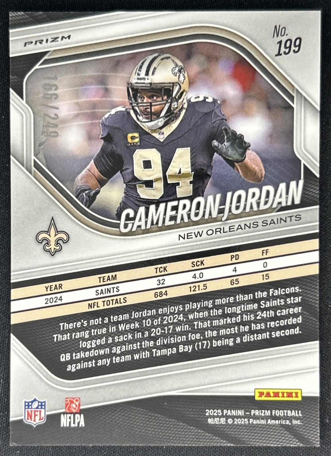 Cameron Jordan 2025 Panini Prizm Orange /249 Saints back