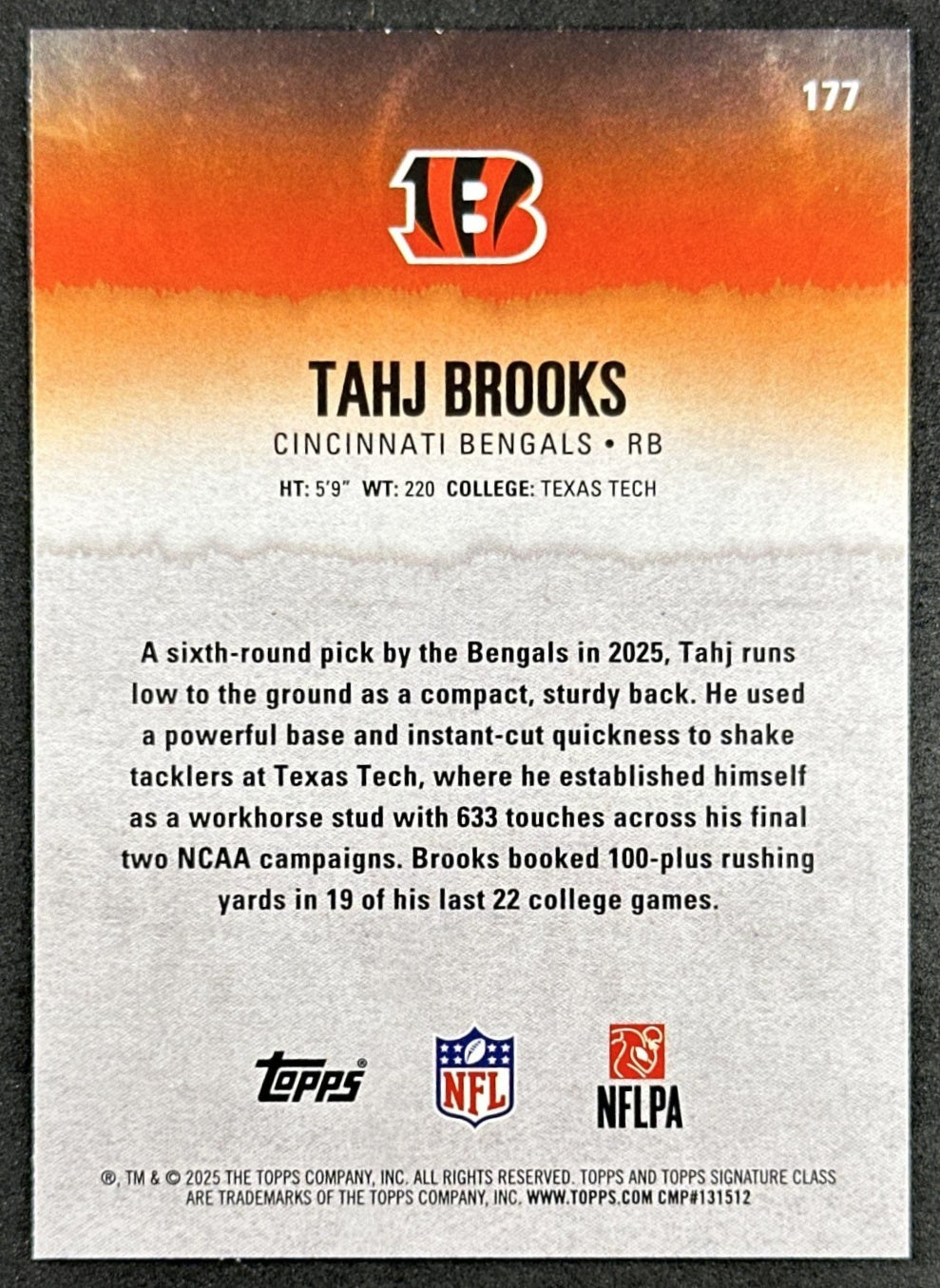 Tahj Brooks 2025 Topps Signature Class Rookie Green & Purple Foil Bengals back sports trading card