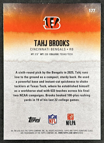 Tahj Brooks 2025 Topps Signature Class Rookie Green & Purple Foil Bengals back sports trading card
