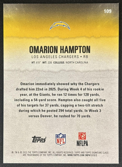 Omarion Hampton 2025 Topps Signature Class Rookie Green & Purple Foil Chargers back