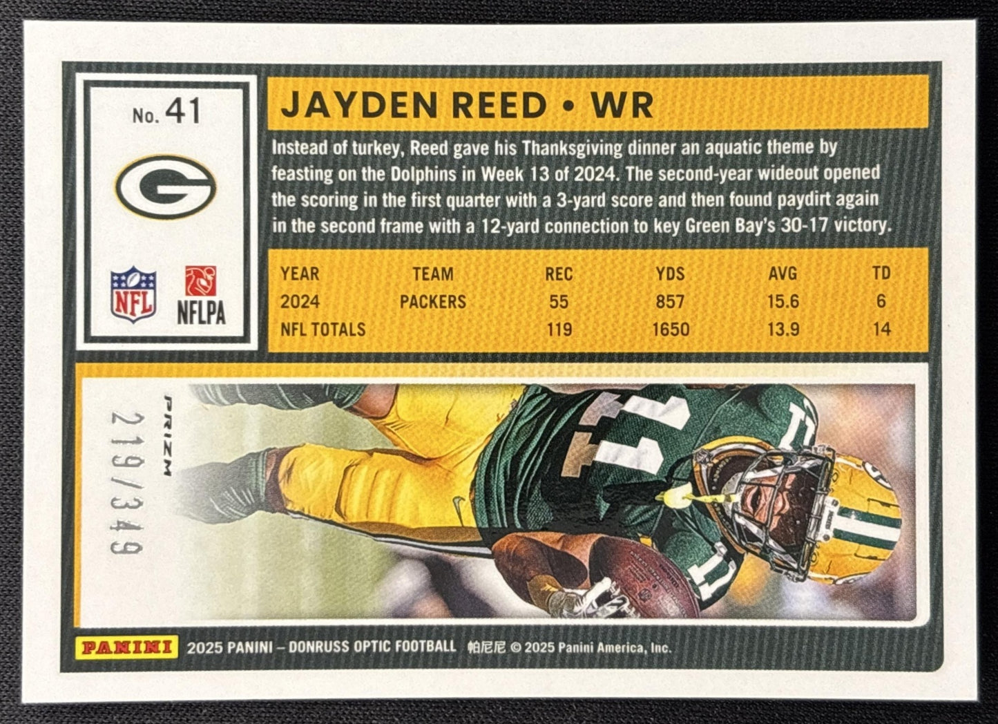 Jayden Reed 2025 Panini Donruss Optic Aqua Prizm /349 Packers Sports Trading Card