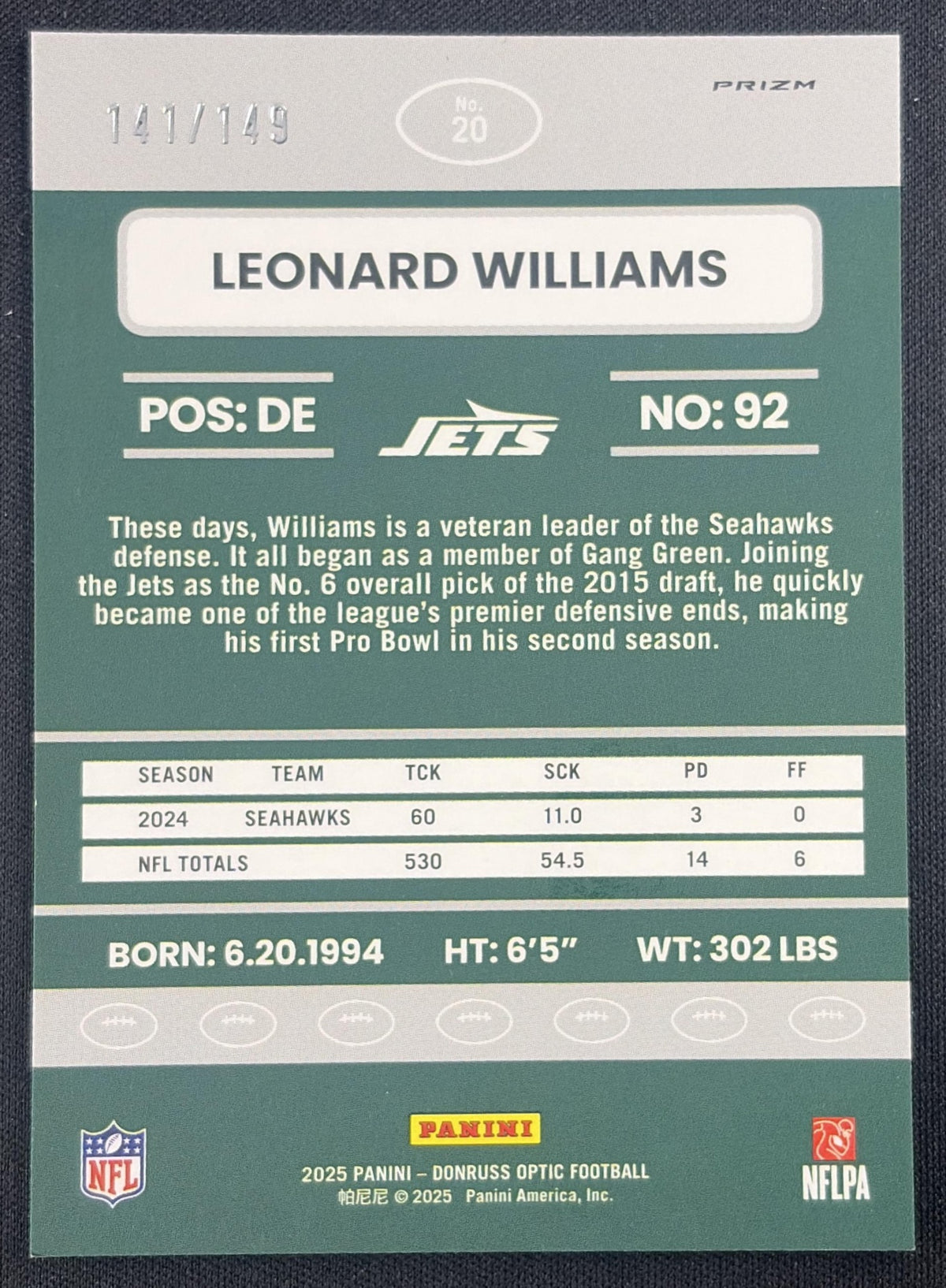 Leonard Williams 2025 Panini Donruss Optic 2015 Retro Black Pandora Prizm /149 Jets