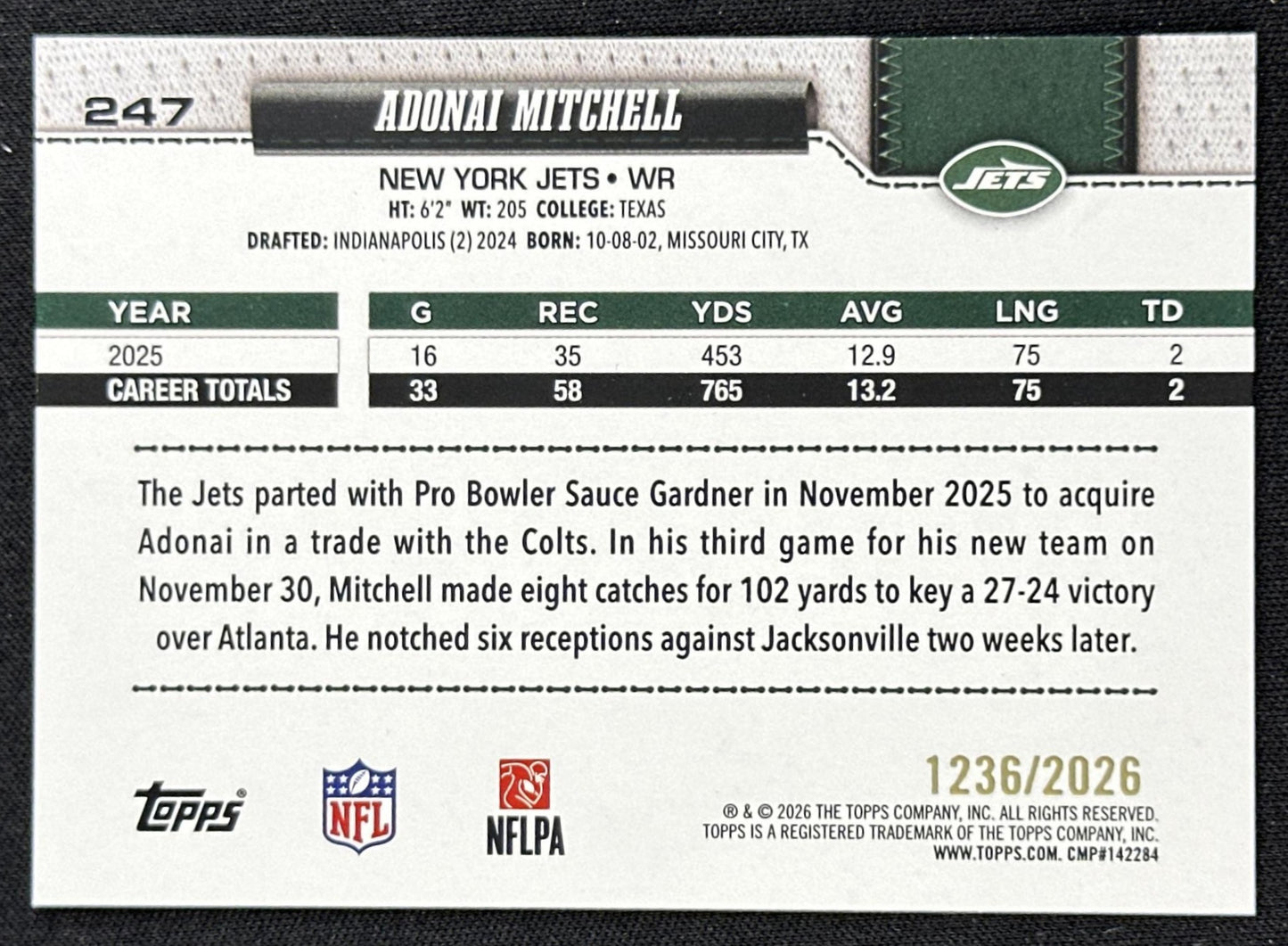Adonai Mitchell 2026 Topps Flagship Gold /2026 Jets