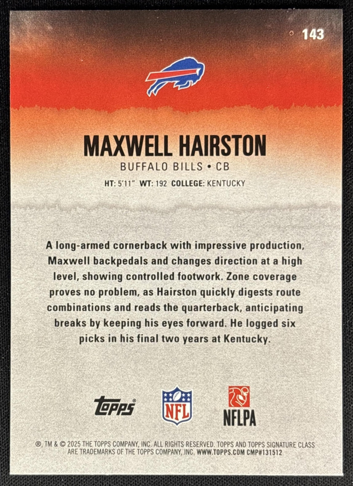 Maxwell Hairston 2025 Topps Signature Class Rookie Blue & Yellow Foil Bills back