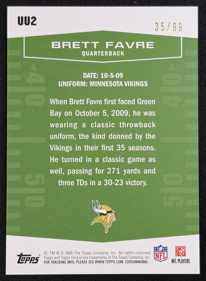 Brett Favre 2009 Topps Unique Unis Bronze /99 Vikings sports trading card back
