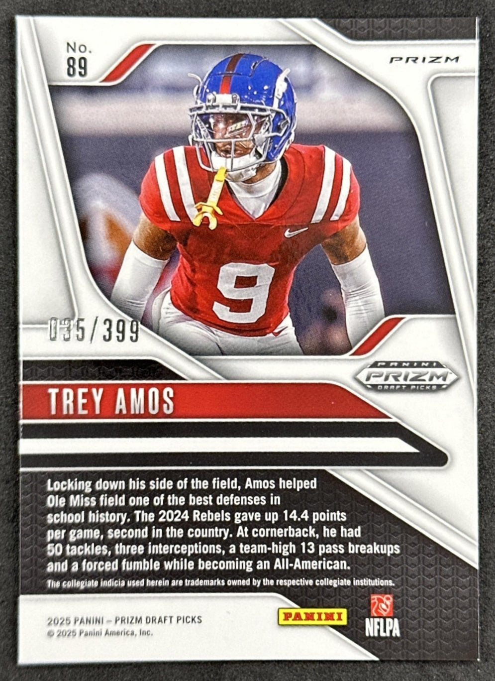 Trey Amos 2025 Panini Prizm Draft Picks Red /399 Commanders back