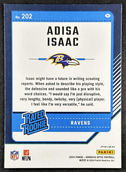 Adisa Isaac 2024 Panini Donruss Optic Purple Shock Ravens Back