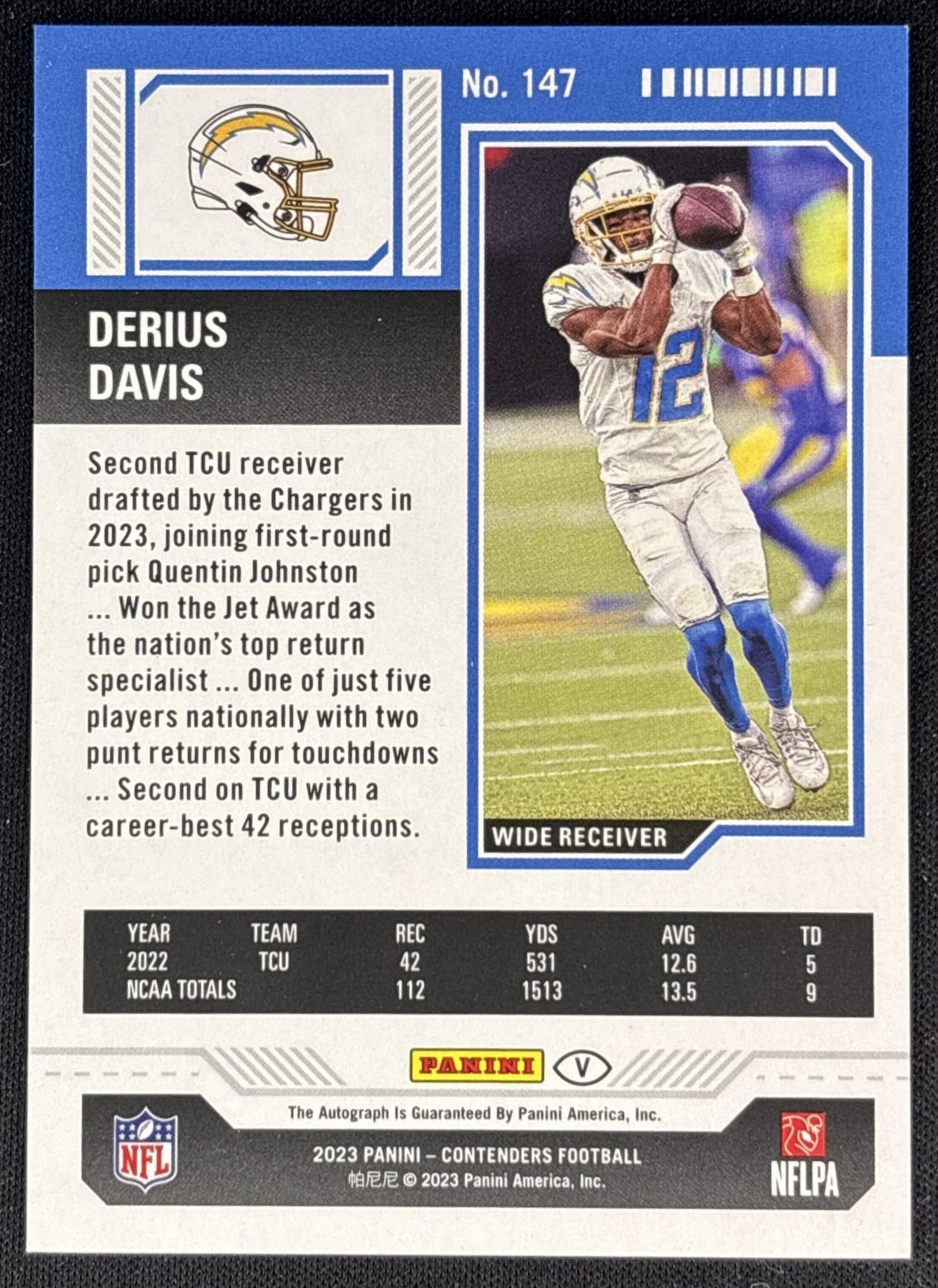 Derius Davis 2023 Panini Contenders Divisional Ticket /99 Chargers back
