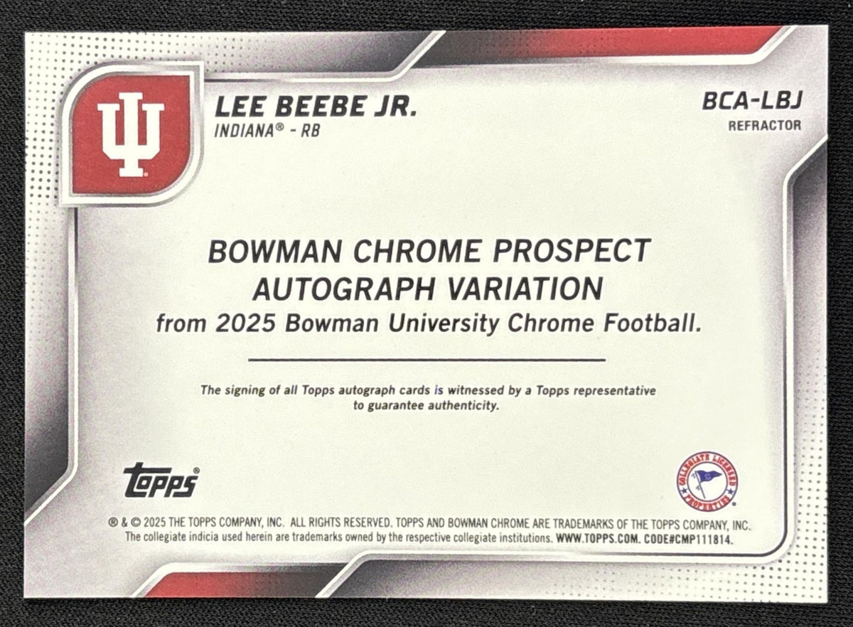 Lee Beebe Jr. 2025 Bowman Chrome University Prospect Auto Refractor /299 Hoosiers Sports Trading Card