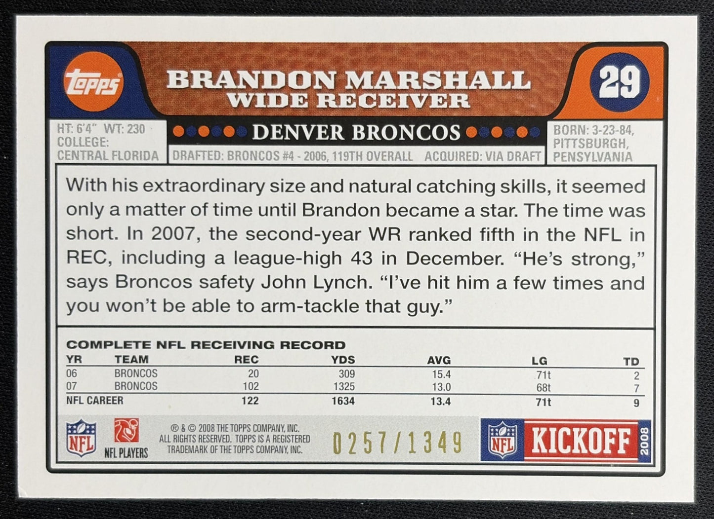 Brandon Marshall 2008 Topps Kickoff Silver Holofoil /1349 Broncos