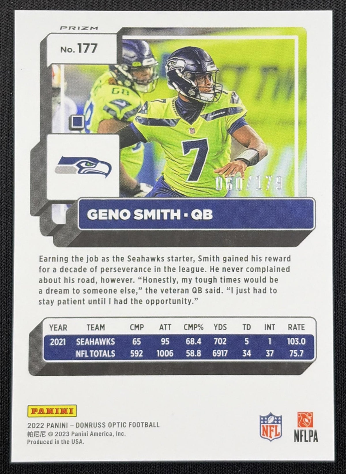 Geno Smith 2022 Panini Donruss Optic Blue /179 Seahawks