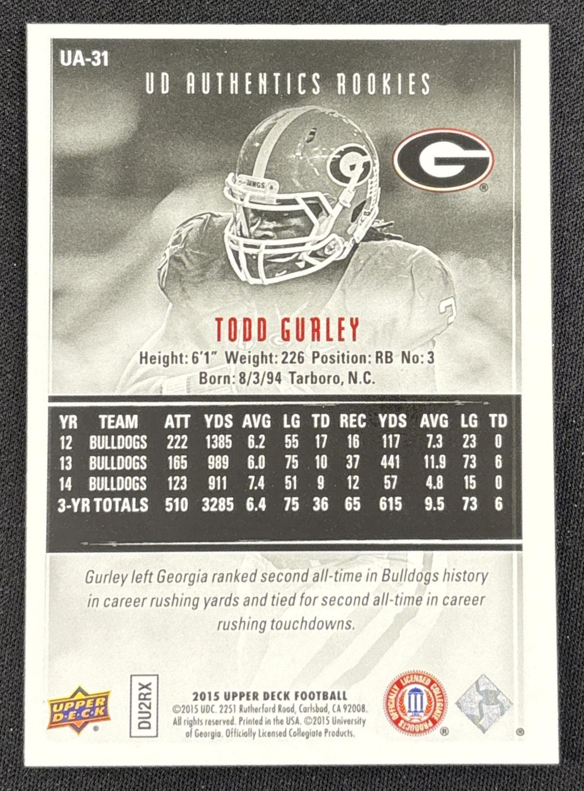 Todd Gurley 2015 Upper Deck Authentics Rookies /500 Bulldogs