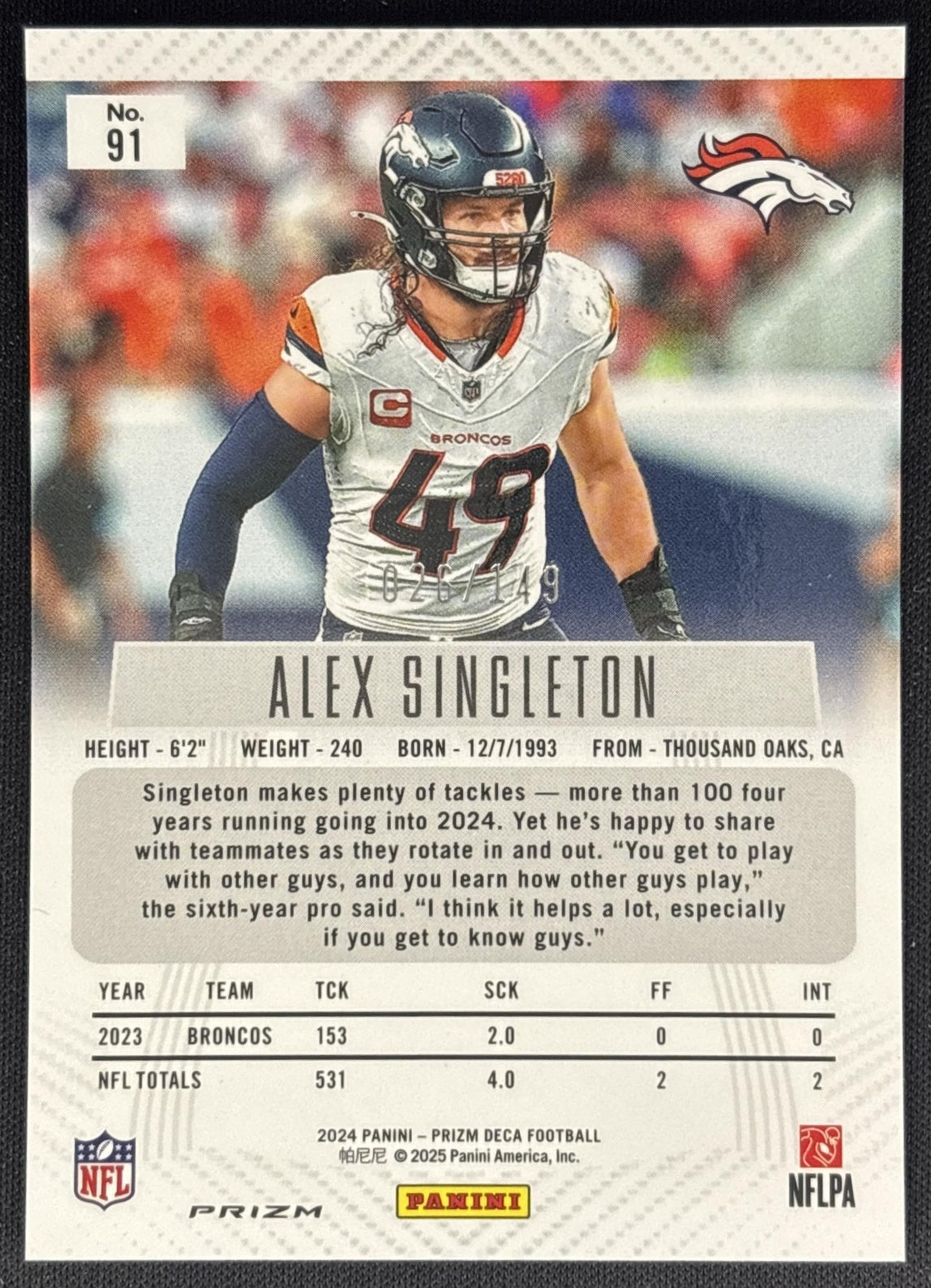 Alex Singleton 2024 Panini Prizm Deca Blue /149 Broncos Sports Trading Cards